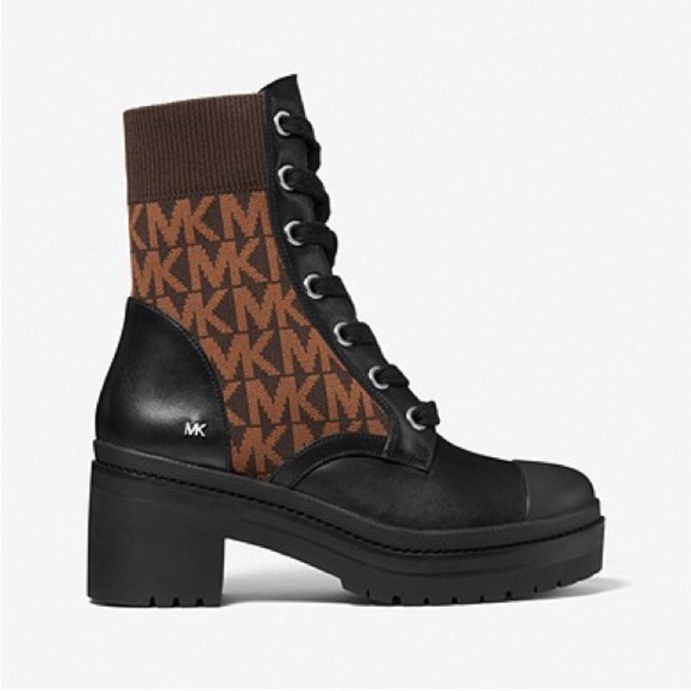 Brea Leather and Logo Jacquard Combat Boot